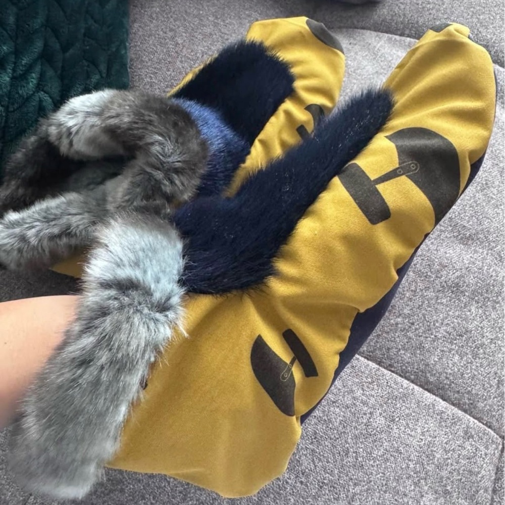 Yellow and Navy Fur-Trimmed Slippers - NEVER WORN